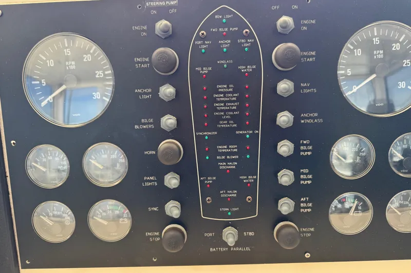  Yacht Photos Pics Control panel of a 1995 Viking 58 Convertible boat with gauges and switches.