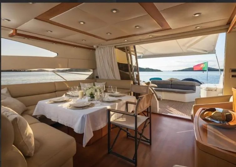 Joško Marić Yacht Photos Pics Luxurious interior of 2008 Sunseeker Predator 72 yacht with elegant dining setup and ocean view.