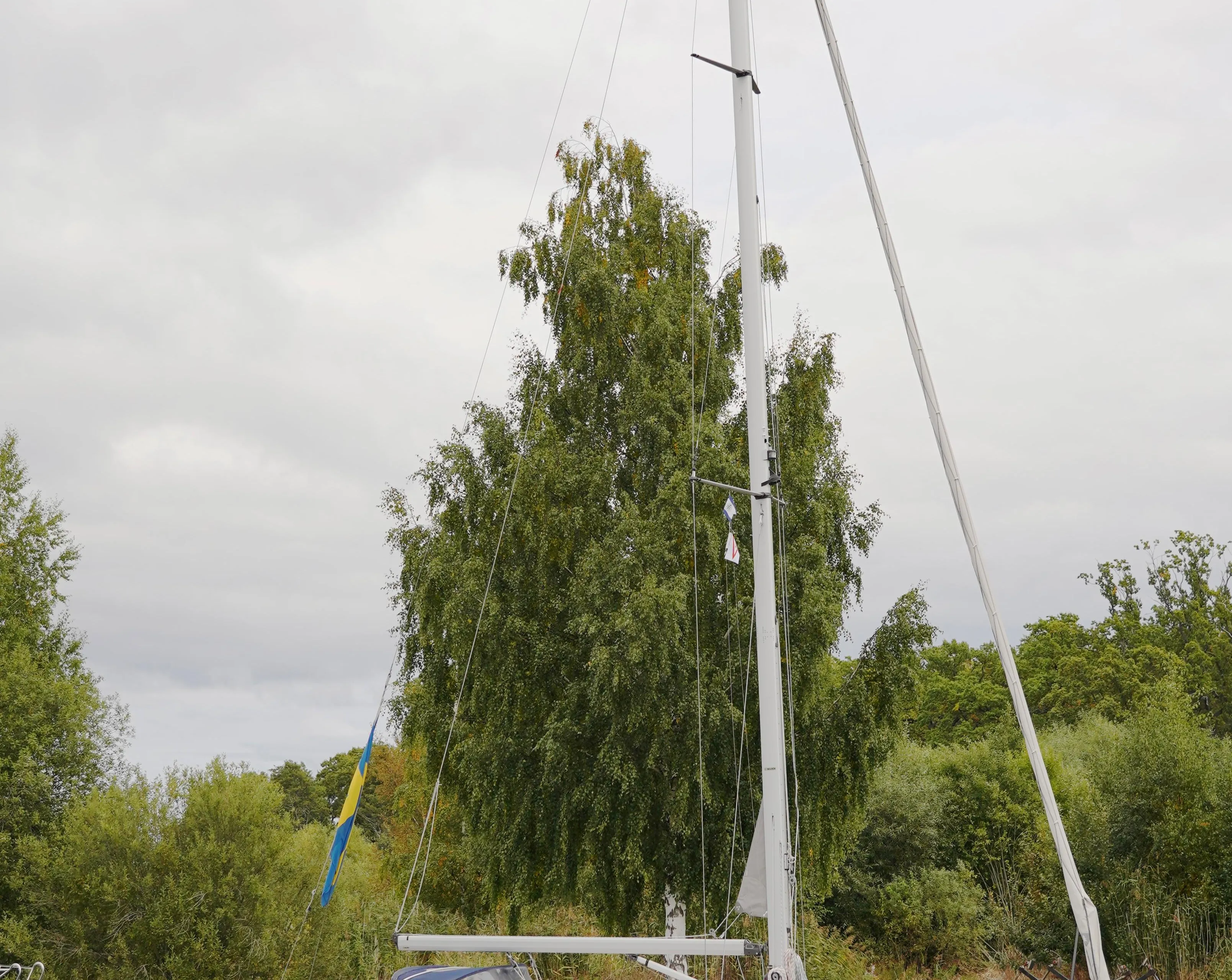 Sailboat CR 400 DS 2002 docked on calm water with trees in the background.