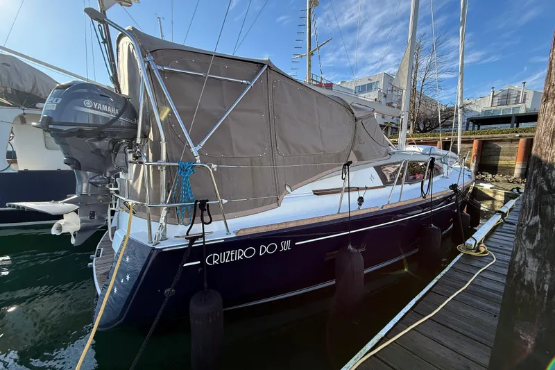 Cruzeiro Do Sul Yacht Photos Pics 2013 Jeanneau Sun Odyssey 44 DS sailboat docked with Yamaha outboard motor.