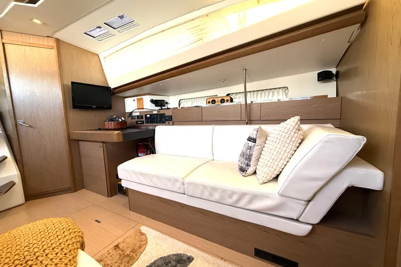 Cruzeiro Do Sul Yacht Photos Pics Luxurious interior of 2013 Jeanneau Sun Odyssey 44 DS yacht with modern furnishings.