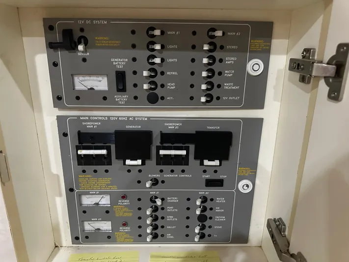  Yacht Photos Pics Control panel of a 2000 Formula 40 PC boat, featuring various switches and gauges.