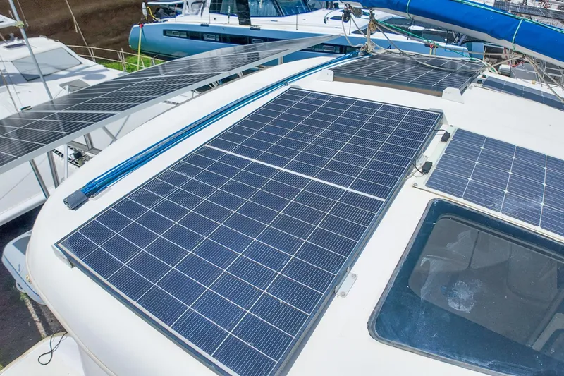 Katara Yacht Photos Pics Solar panels on a 2005 Leopard 43 catamaran, enhancing energy efficiency.