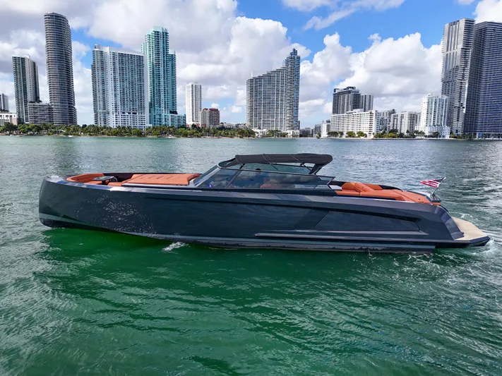  Yacht Photos Pics Vanquish VQ58 yacht cruising near city skyline, 2020 model, sleek design, vibrant water.