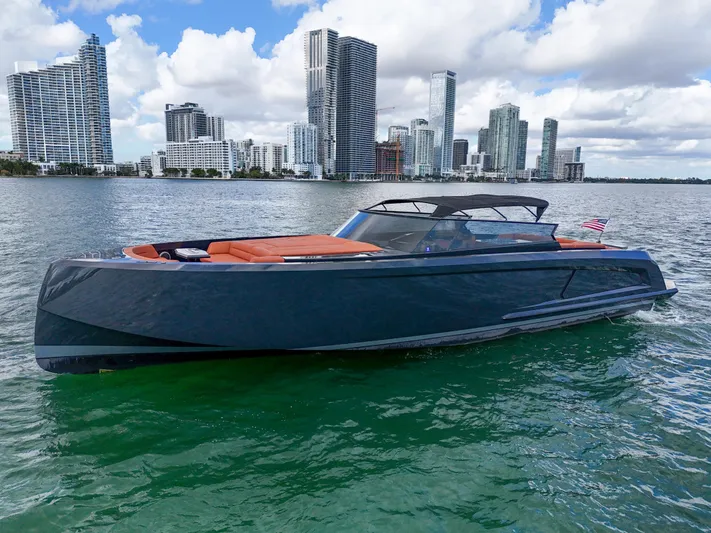  Yacht Photos Pics Luxury 2020 Vanquish VQ58 yacht on water with city skyline background.