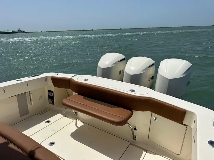  Yacht Photos Pics 2015 Scout 350 LXF boat with Yamaha engines on open water.