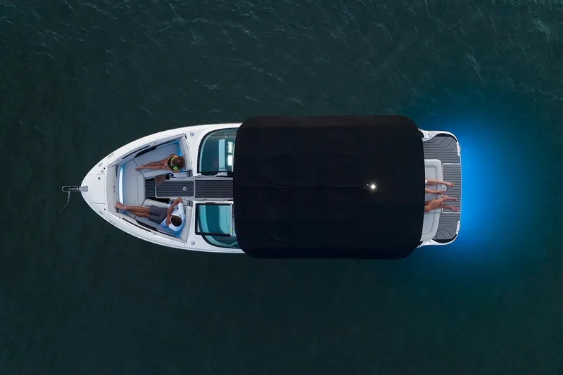  Yacht Photos Pics Manufacturer Provided Image: Aerial view of 2025 Sea Ray SLX 260 boat with blue underwater lights.