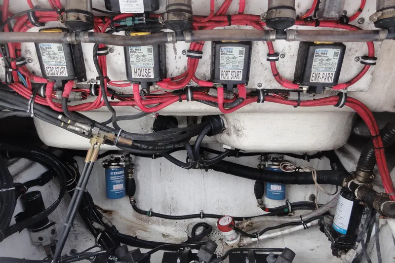  Yacht Photos Pics Engine compartment of a 2016 Everglades 295 Center Console with wiring and components.