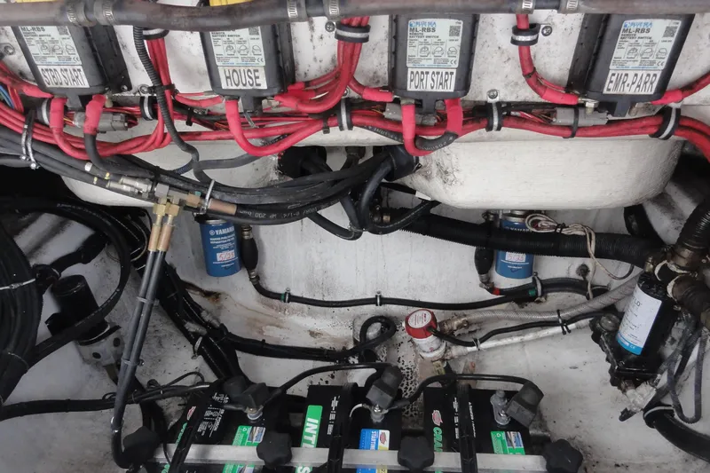  Yacht Photos Pics Engine compartment of a 2016 Everglades 295 Center Console with wiring and batteries.