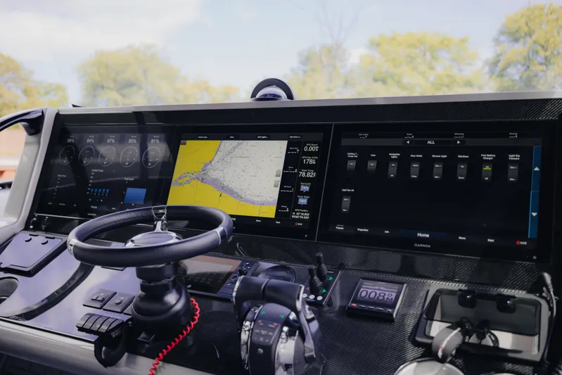  Yacht Photos Pics Cockpit of 2021 Midnight Express 43 Open with advanced navigation and control systems.