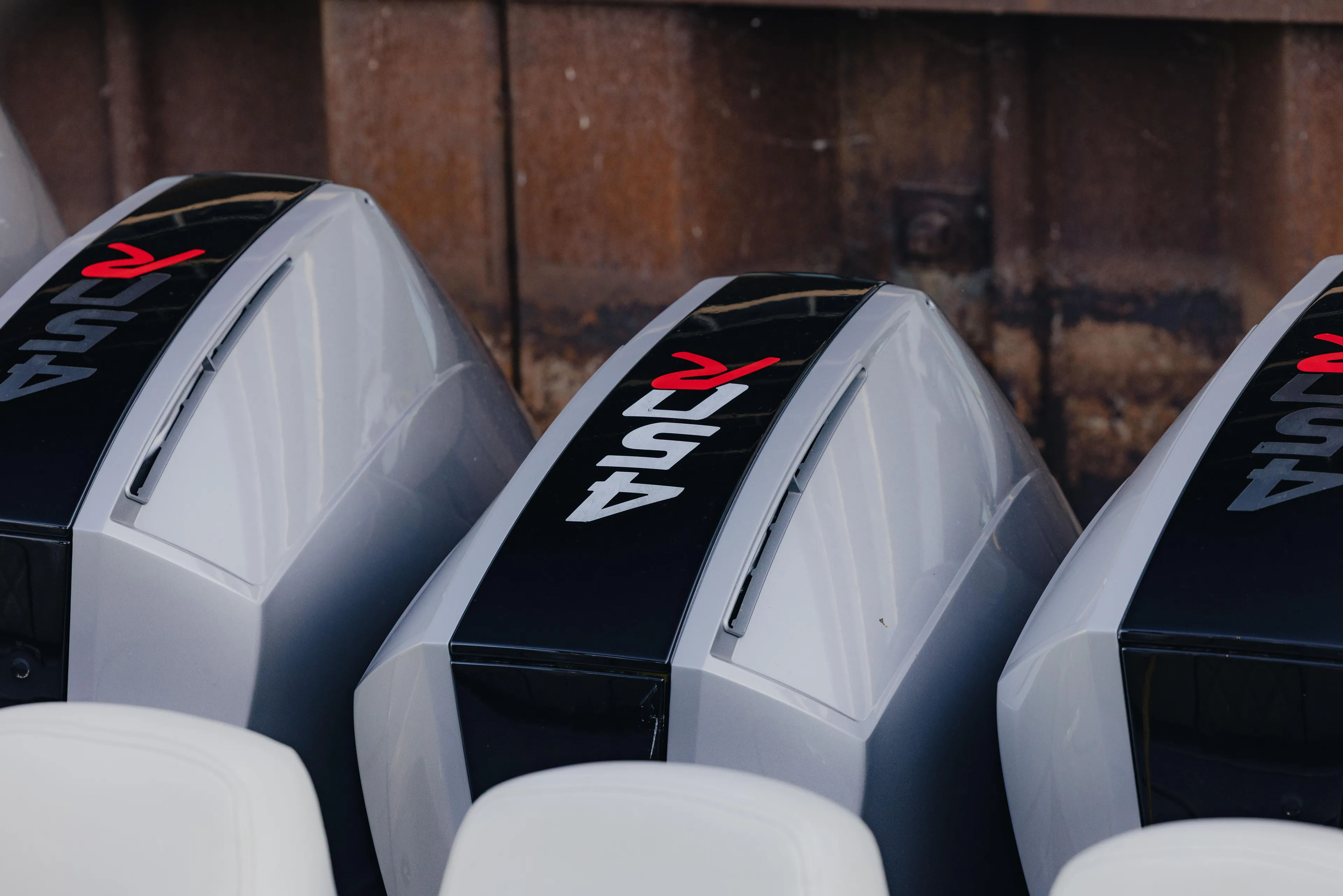  Yacht Photos Pics Outboard engines on a 2021 Midnight Express 43 Open boat, featuring sleek design and branding.