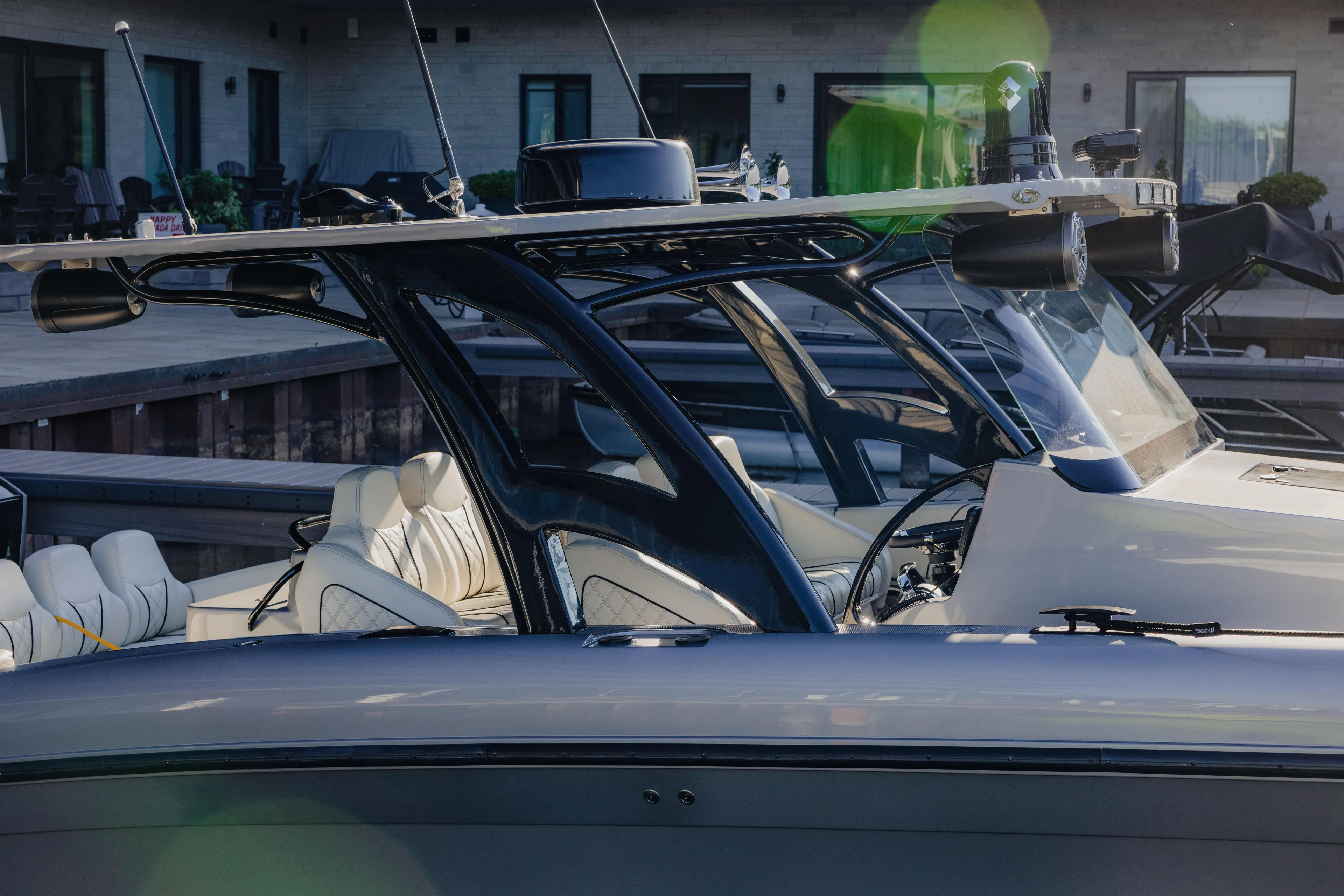  Yacht Photos Pics 2021 Midnight Express 43 Open luxury boat docked, featuring sleek design and modern amenities.