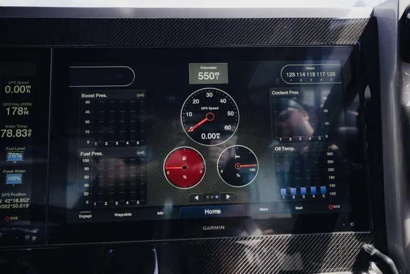  Yacht Photos Pics Dashboard of a 2021 Midnight Express 43 Open boat displaying various engine metrics.