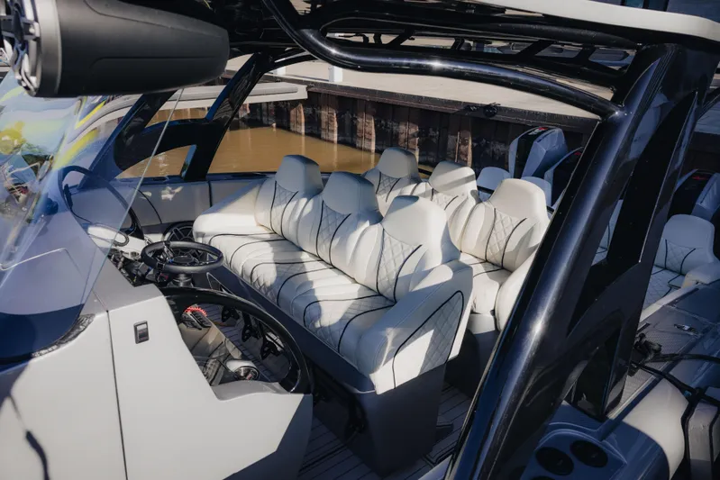  Yacht Photos Pics Interior of 2021 Midnight Express 43 Open boat with luxurious seating and modern design.