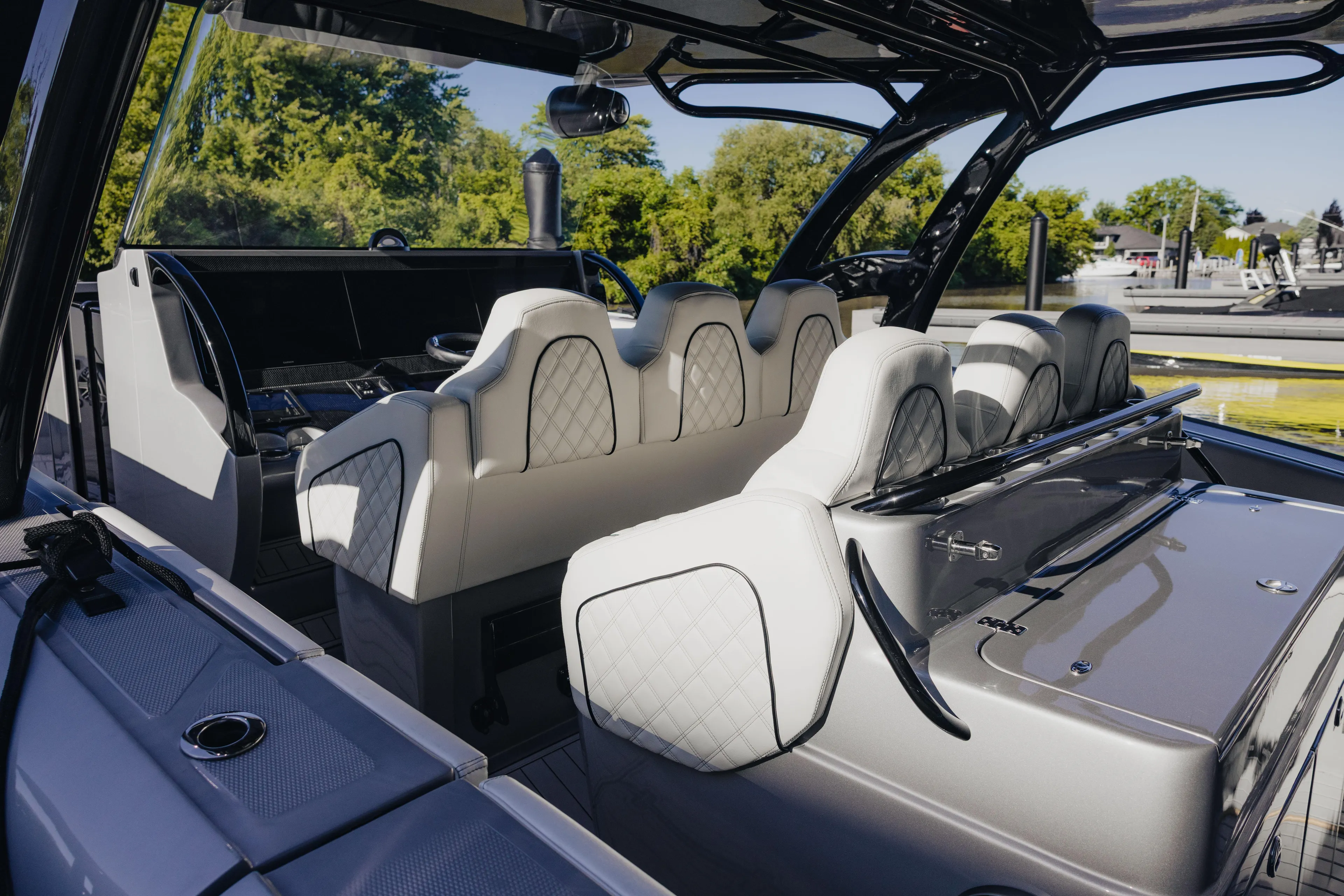  Yacht Photos Pics Interior of 2021 Midnight Express 43 Open boat with luxurious seating and modern design.