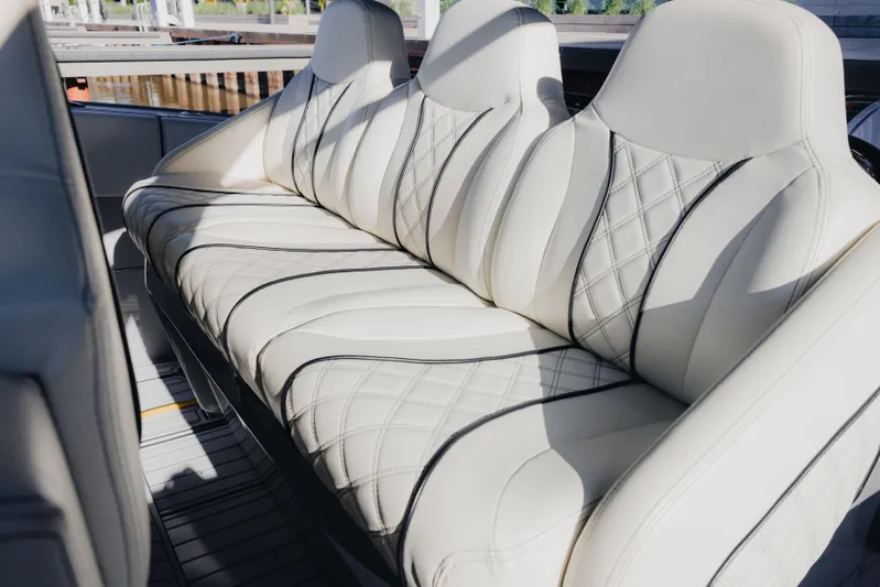  Yacht Photos Pics Luxurious seating on 2021 Midnight Express 43 Open boat with elegant stitching.