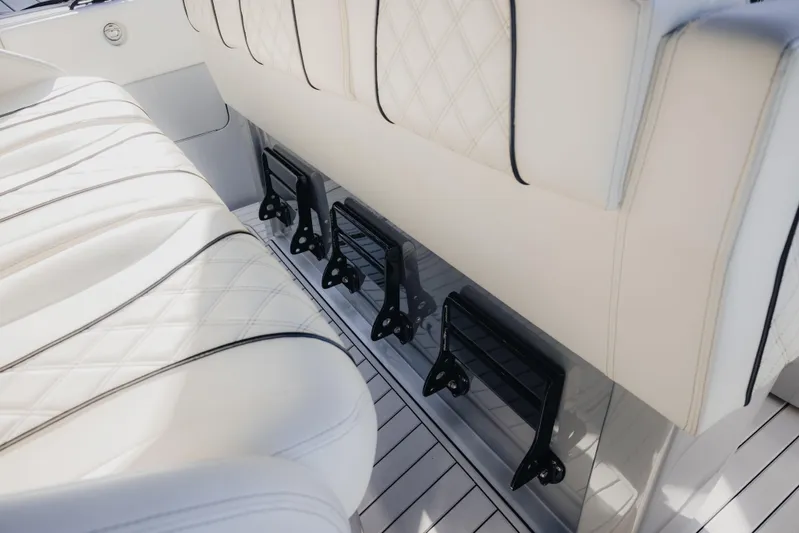  Yacht Photos Pics Luxurious seating on 2021 Midnight Express 43 Open boat with elegant white upholstery.