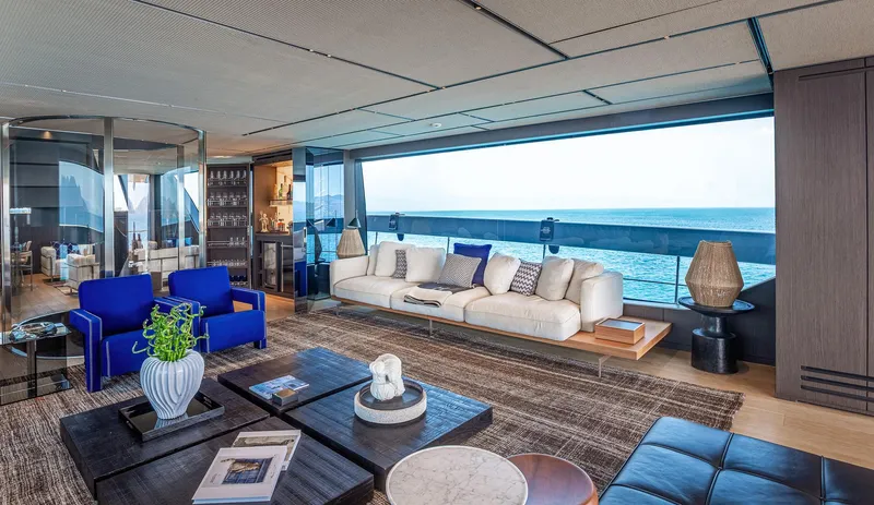 Just Marie 3 Yacht Photos Pics Luxurious interior of 2021 Sanlorenzo SX112 yacht with ocean view and modern furnishings.