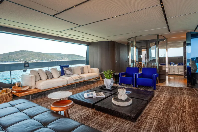 Just Marie 3 Yacht Photos Pics Luxurious interior of 2021 Sanlorenzo SX112 yacht with modern furnishings and panoramic views.
