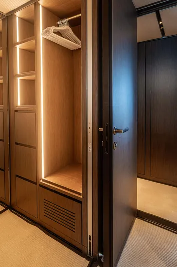 Just Marie 3 Yacht Photos Pics Luxurious wooden closet interior on Sanlorenzo SX112 yacht, 2021 model.
