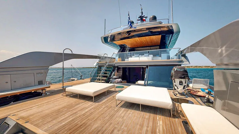 Just Marie 3 Yacht Photos Pics Luxurious 2021 Sanlorenzo SX112 yacht deck with sun loungers and modern design.