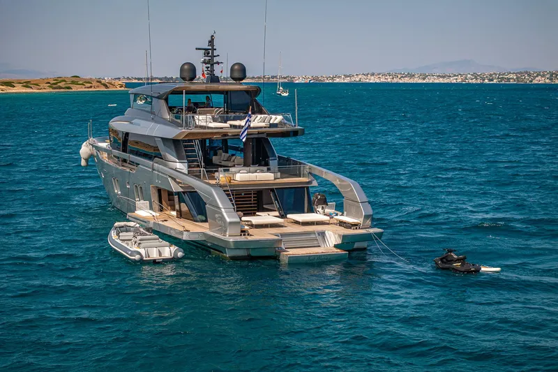 Just Marie 3 Yacht Photos Pics Luxury Sanlorenzo SX112 yacht anchored with jet ski and tender, 2021 model.