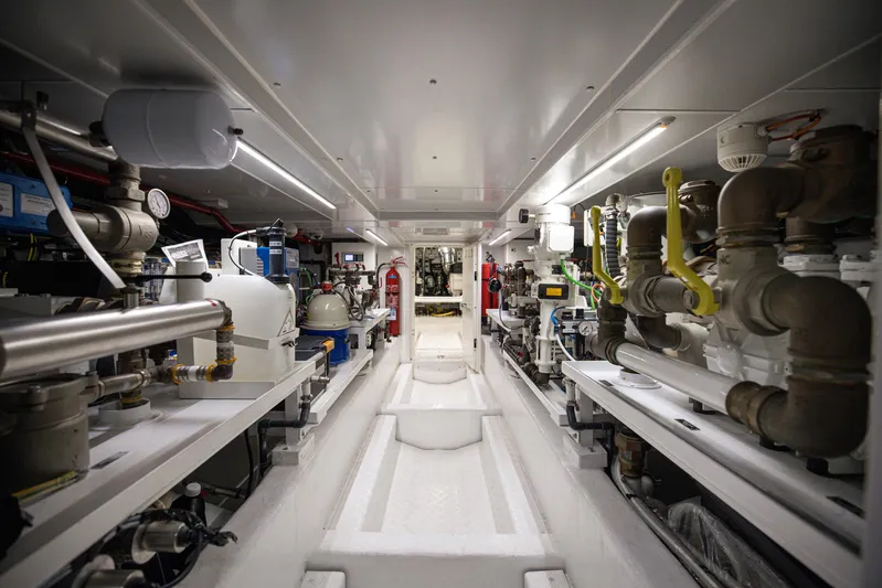 Just Marie 3 Yacht Photos Pics Engine room of 2021 Sanlorenzo SX112 yacht, featuring complex machinery and piping systems.