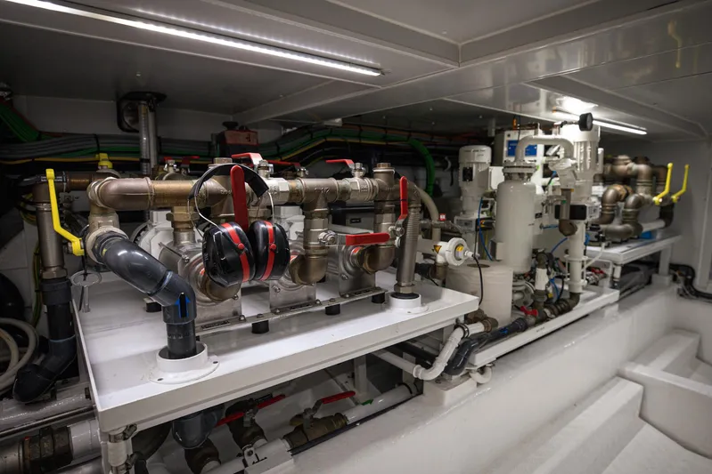 Just Marie 3 Yacht Photos Pics Engine room of 2021 Sanlorenzo SX112 yacht with complex piping and machinery.