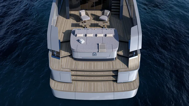 X98 Rph Yacht Photos Pics Luxury yacht Extra X98 RPH 2026 model, rear deck view with seating and ocean backdrop.