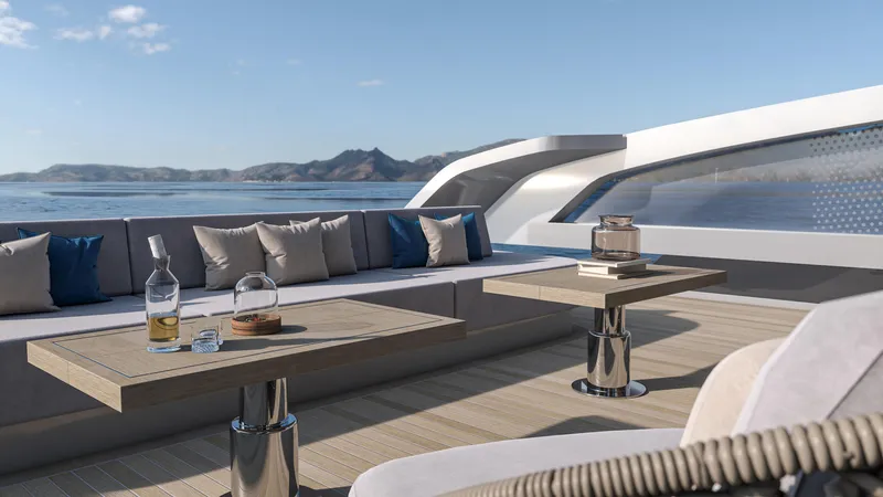 X98 Rph Yacht Photos Pics Luxurious deck of the 2026 Extra X98 RPH yacht with scenic ocean view.