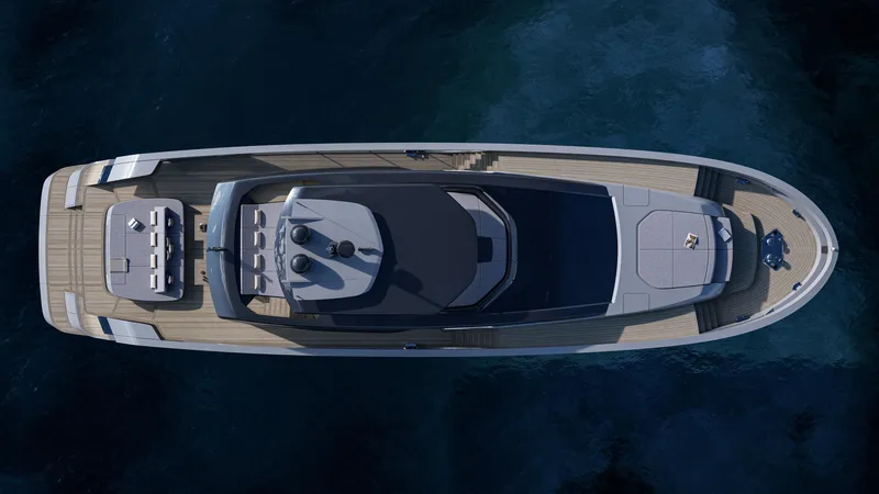 X98 Rph Yacht Photos Pics Top view of 2026 Extra X98 RPH luxury yacht on the water.