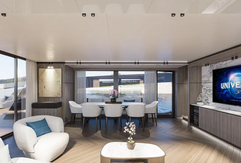 X98 Rph Yacht Photos Pics Luxurious interior of the 2026 Extra X98 RPH yacht with modern furnishings.