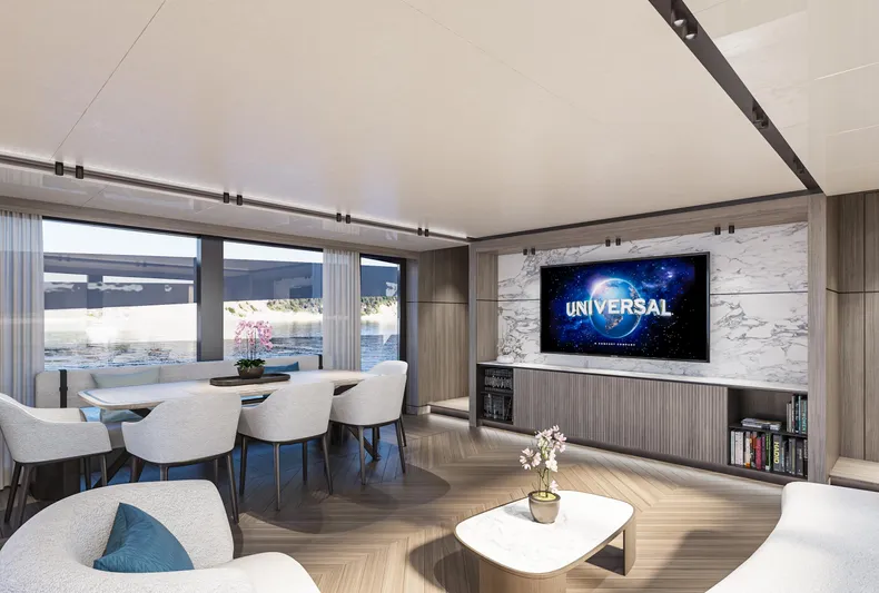 X98 Rph Yacht Photos Pics Modern living room in Extra X98 RPH 2026 yacht with large windows and TV.