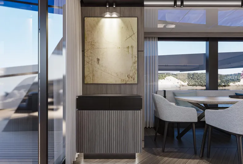 X98 Rph Yacht Photos Pics Modern interior of Extra X98 RPH 2026 yacht with elegant dining area and abstract wall art.