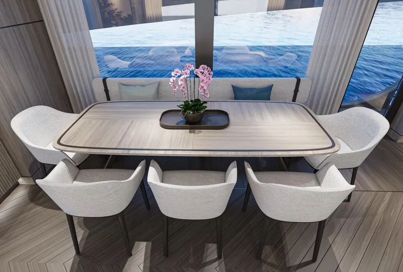 X98 Rph Yacht Photos Pics Modern dining area on the Extra X98 RPH 2026 yacht with ocean view.
