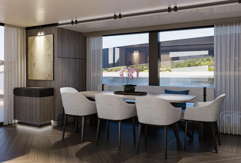 X98 Rph Yacht Photos Pics Luxurious dining area in the 2026 Extra X98 RPH yacht with modern decor and large windows.