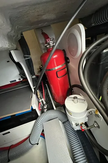 Heidibal 11 Yacht Photos Pics Engine compartment of a 2021 Beneteau Gran Turismo 40 yacht with fire extinguisher.