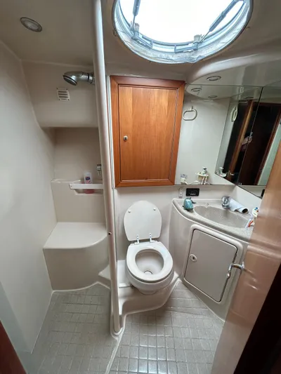  Yacht Photos Pics 2005 Riviera 37 Flybridge bathroom with shower, toilet, and vanity under skylight.