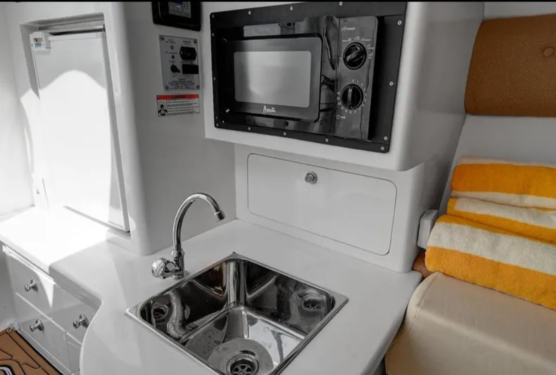  Yacht Photos Pics 2008 Intrepid 370 Cuddy interior with sink, microwave, and striped towels.