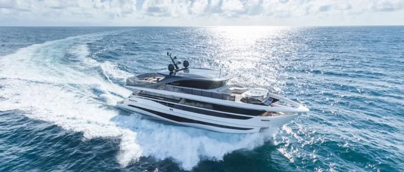  Yacht Photos Pics 2026 Princess X95 Vista yacht cruising on open ocean under clear skies.