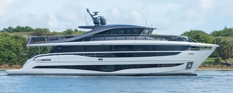  Yacht Photos Pics 2026 Princess X95 Vista yacht cruising on a serene waterway.