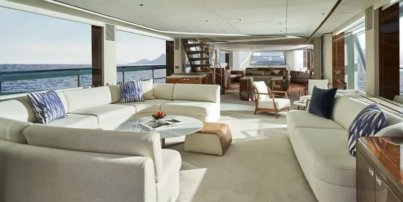  Yacht Photos Pics Luxurious interior of 2026 Princess X95 Vista yacht with elegant seating and ocean view.