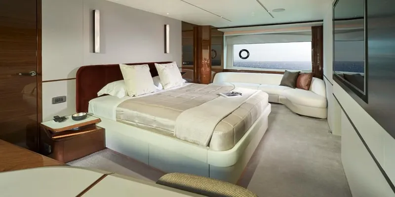  Yacht Photos Pics Luxurious bedroom interior of 2026 Princess X95 Vista yacht with ocean view.
