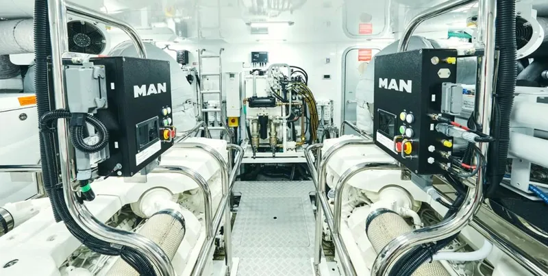  Yacht Photos Pics Engine room of 2026 Princess X95 Vista yacht with MAN engines and advanced controls.