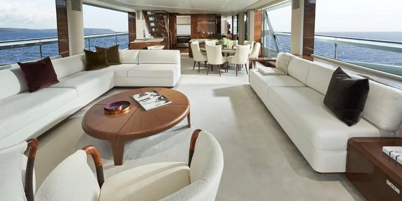  Yacht Photos Pics Luxurious interior of 2026 Princess X95 Vista yacht with elegant seating and ocean views.