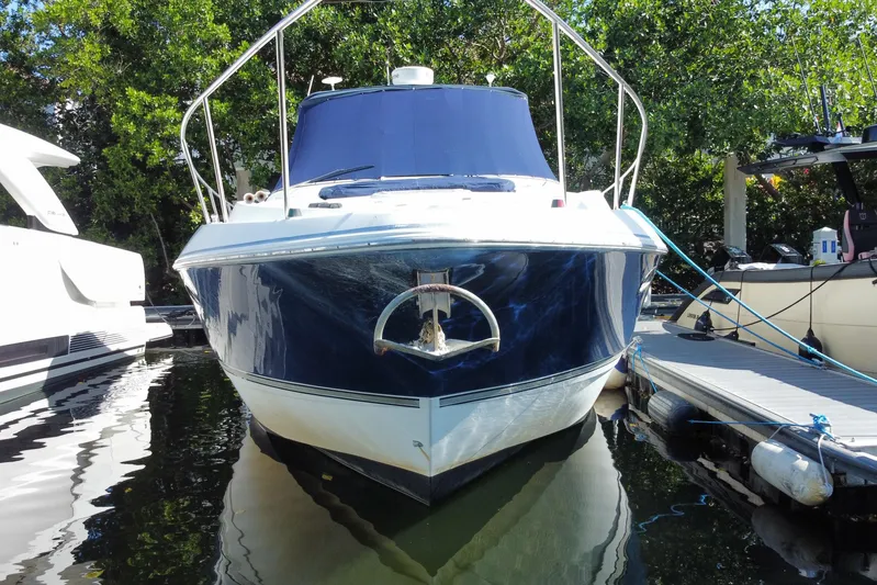  Yacht Photos Pics 2007 Cruisers Yachts 370 Express docked, front view with lush greenery background.
