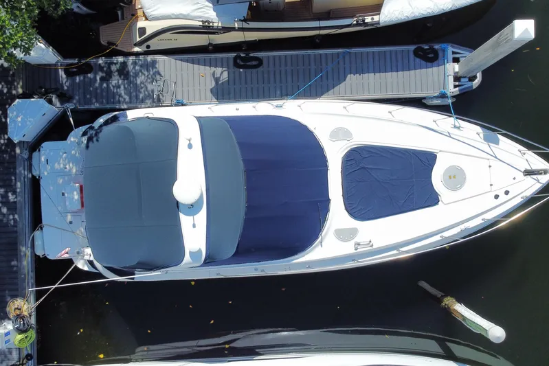  Yacht Photos Pics Aerial view of 2007 Cruisers Yachts 370 Express docked at marina.