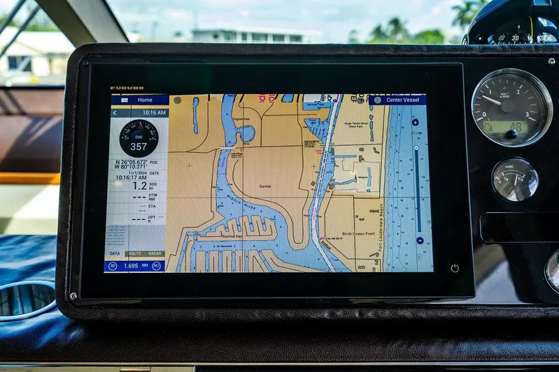  Yacht Photos Pics Navigation system on 2010 Princess V78 yacht displaying a detailed marine map.