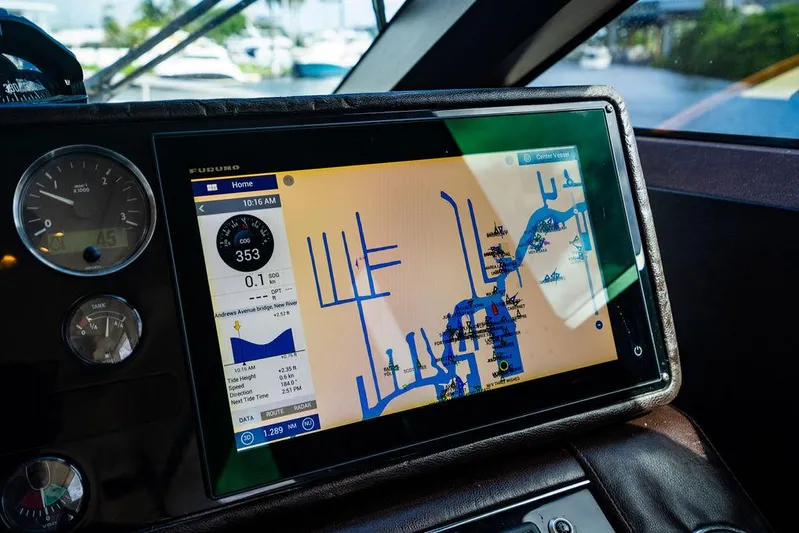  Yacht Photos Pics Navigation system on 2010 Princess V78 yacht displaying a detailed marine map.