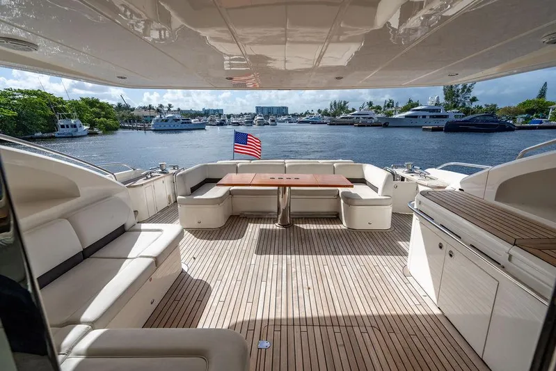  Yacht Photos Pics Spacious deck of 2010 Princess V78 yacht with seating and American flag.